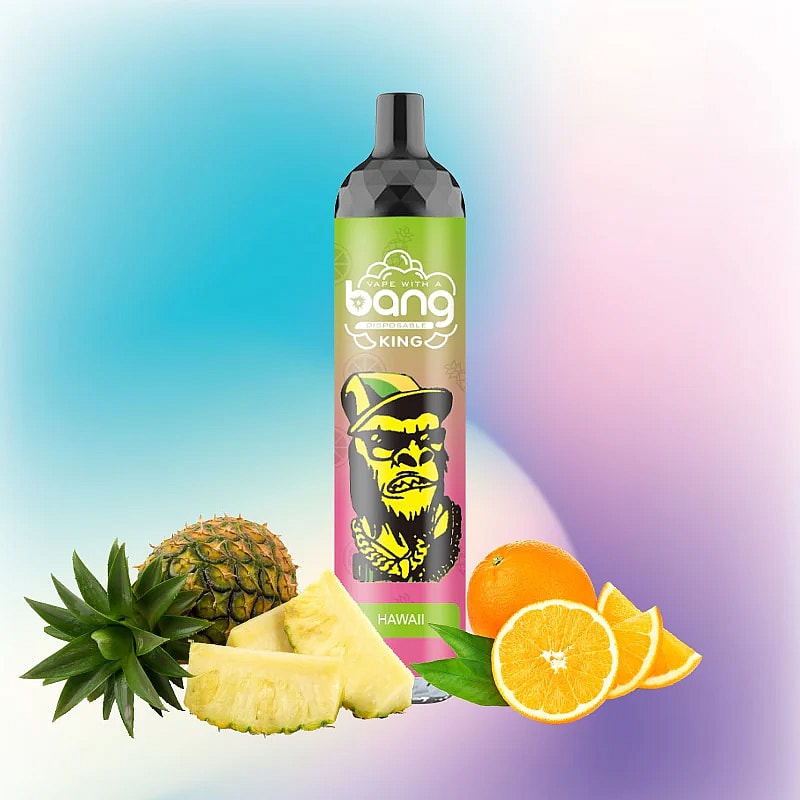 Colorful vape pen with "Bang King" branding and a graphic of a gorilla wearing a hat, with pineapple and orange slices at the base.