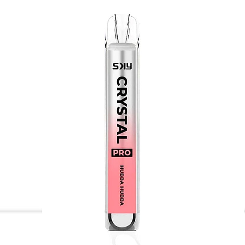 A sleek, silver and pink disposable vape labeled "SKY Crystal Pro" with "Hubba Hubba" flavor.