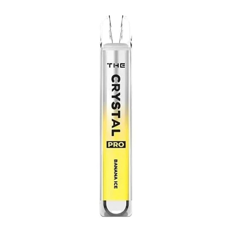Disposable vape pen labeled "THE CRYSTAL PRO" with "BANANA ICE" flavor, featuring a gradient yellow design.