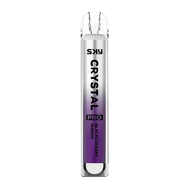 A silver and purple vape pen labeled "SKY Crystal Pro Blackcurrant Mango."