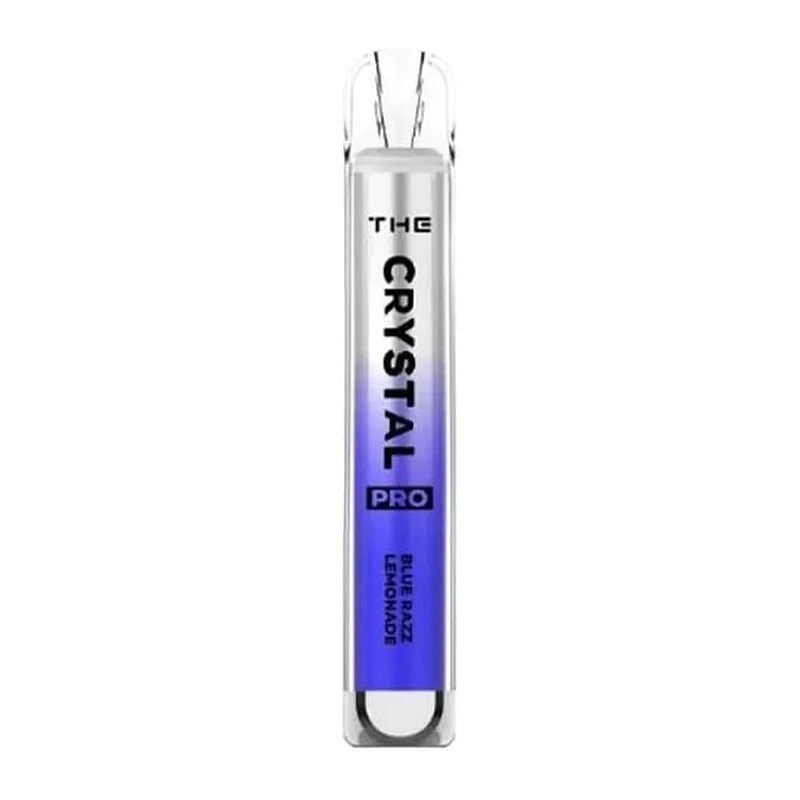 A disposable vape pen labeled "THE CRYSTAL PRO" with "Blue Razz Lemonade" flavor, featuring a gradient blue design.