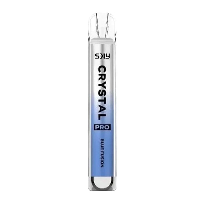 A sleek, transparent vape device labeled "SKY Crystal Pro" with "Blue Fusion" flavor.