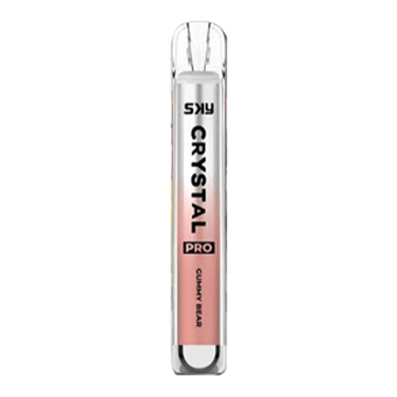 A disposable vape pen labeled "SKY CRYSTAL PRO" with "Gummy Bear" flavor.