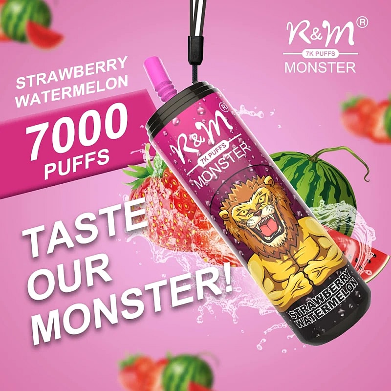 R&M Monster vape device with 7,000 puffs, strawberry watermelon flavor, and a lion graphic on the packaging.