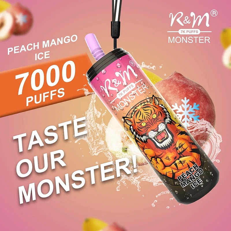 A colorful vape device labeled "R&M Monster," featuring a roaring tiger and promoting 7,000 puffs of "Peach Mango Ice" flavor.