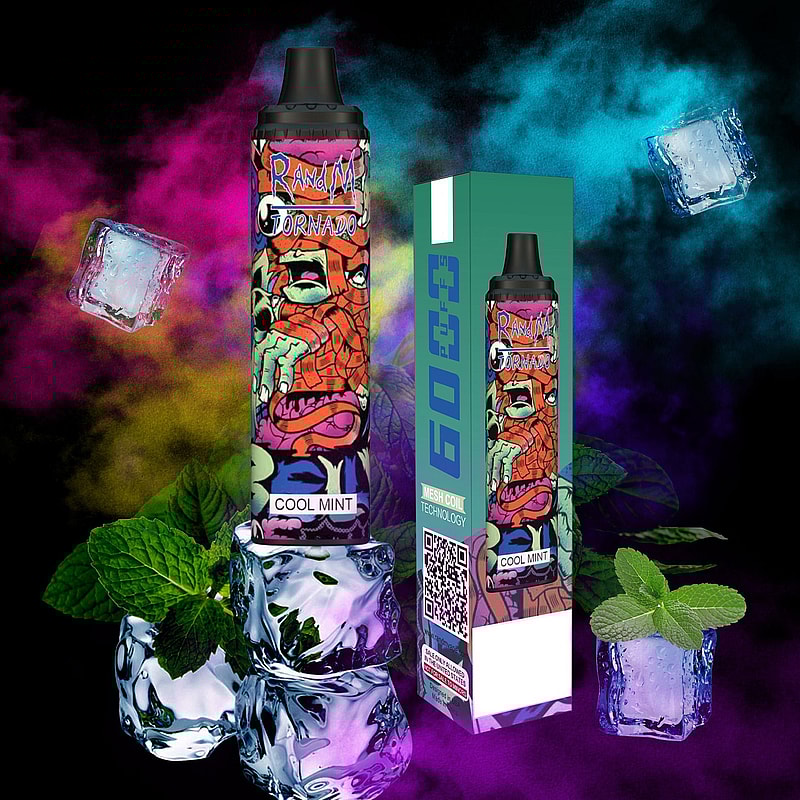 En färgglad vapepenna med en "Randy Tornado"-design med en seriefigur, märkt "Cool Mint". Pennan visas med isbitar och myntablad, tillsammans med dess förpackning.