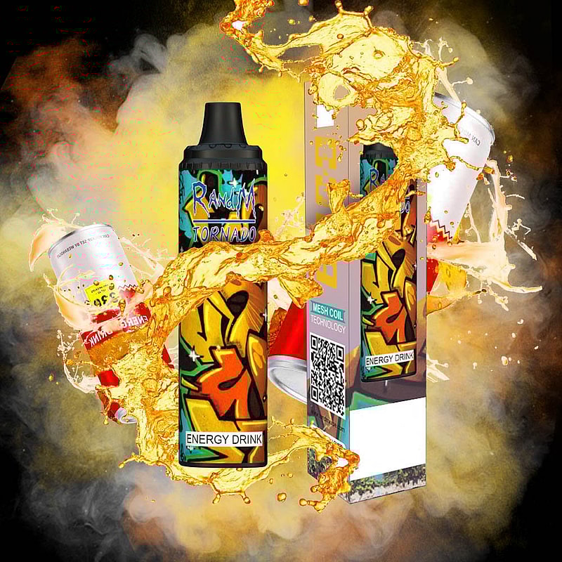 En färgglad vape-enhet med "Energy Drink"-smakmärke, omgiven av stänk av vätska och en energidrycksburk, mot en rökig, dynamisk bakgrund.