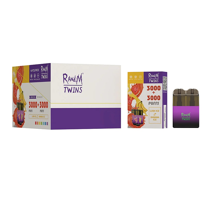 Ranq Twins disposable vape box and device, featuring 3000+3000 puffs, lush ice and banana ice flavors, with a purple and white packaging.