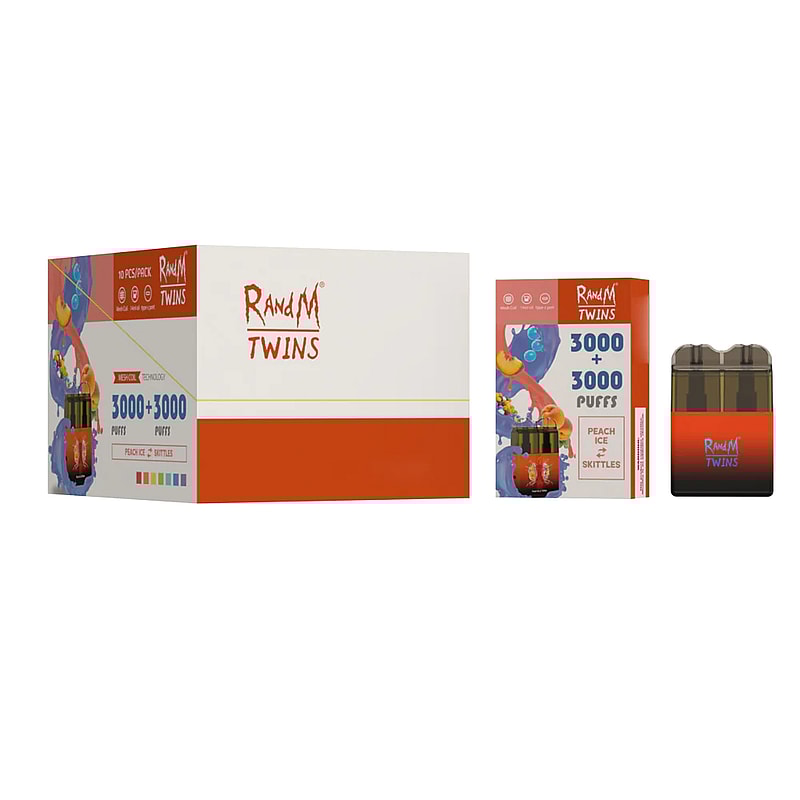 Box and packaging of RandM Twins vape with "3000 + 3000 Puffs" label, featuring a small device beside the box, displaying the "Peach Ice" and "Skittles" flavors.