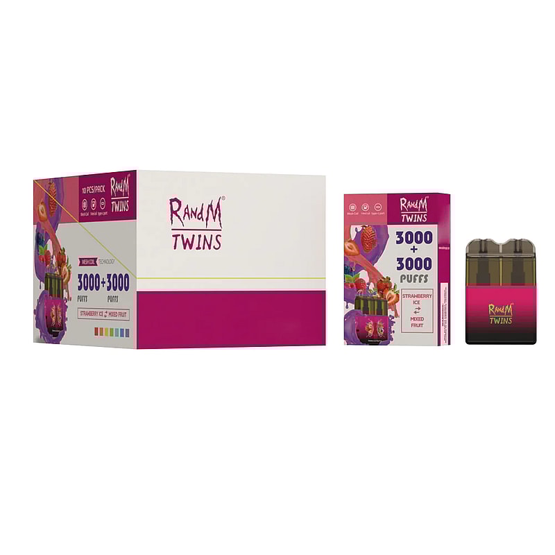 RandM Twins disposable vape packaging showing 3000+3000 puffs in strawberry ice and mixed fruit flavors.