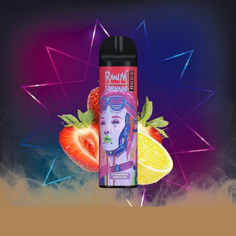 Un dispositivo per svapare dal design colorato raffigurante un personaggio femminile stilizzato, con l'etichetta "Tornado Strawberry Lemonade", circondato da immagini di fragole e una fetta di limone su uno sfondo geometrico vivace.