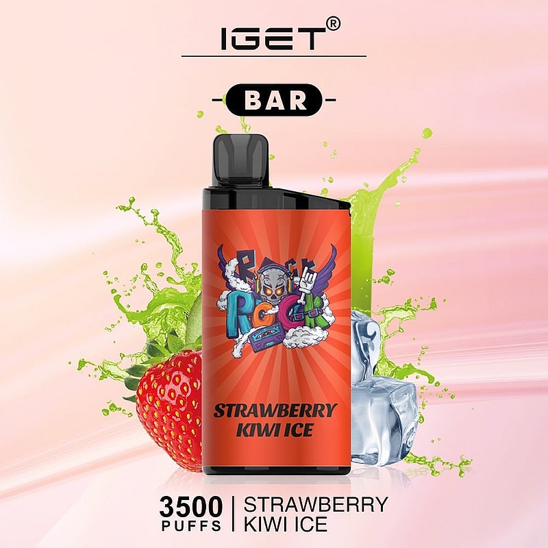 IGET Bar vape with "Strawberry Kiwi Ice" flavor, 3500 puffs capacity, orange design with fruit and ice graphics.