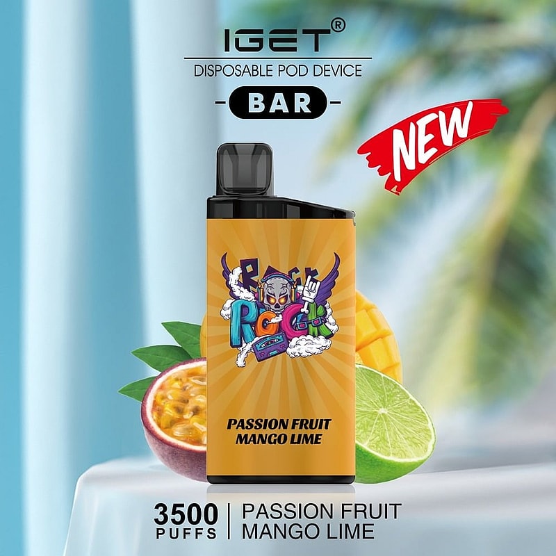 IGET disposable vape pod device in "Passion Fruit Mango Lime" flavor with 3500 puffs capacity, featuring vibrant fruit imagery and colorful branding.