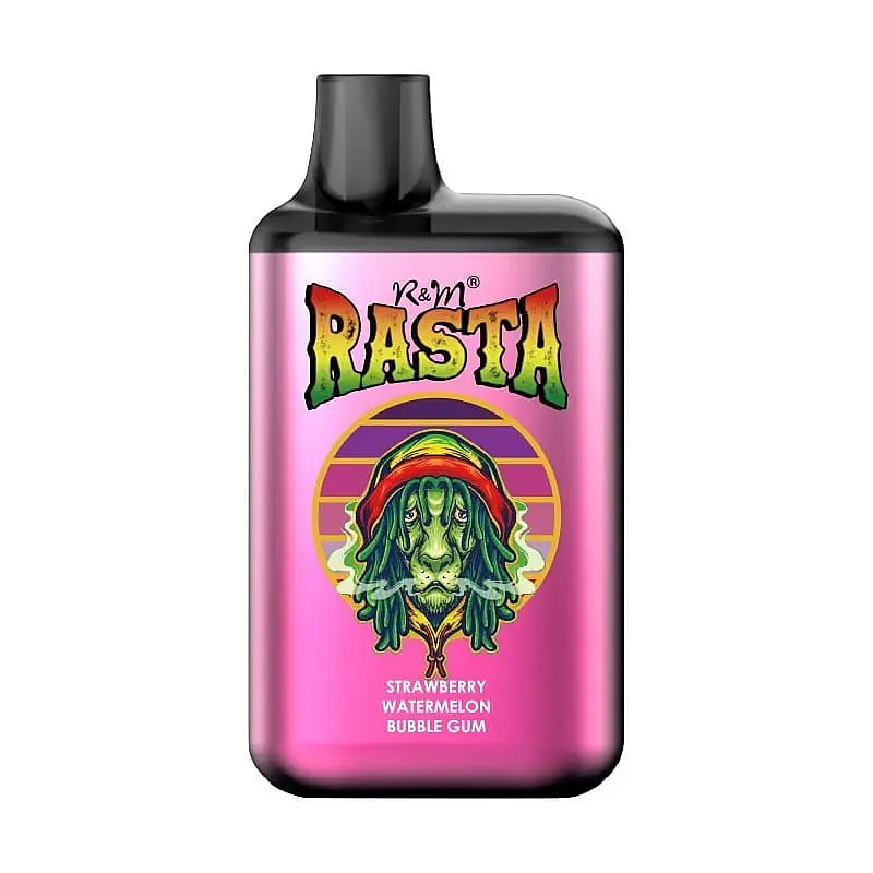 Dispositivo per svapare rosa con l'etichetta "R&M Rasta", raffigurante un personaggio verde con i dreadlock e un cappuccio rosso, e il testo che indica il gusto "Strawberry Watermelon Bubble Gum".