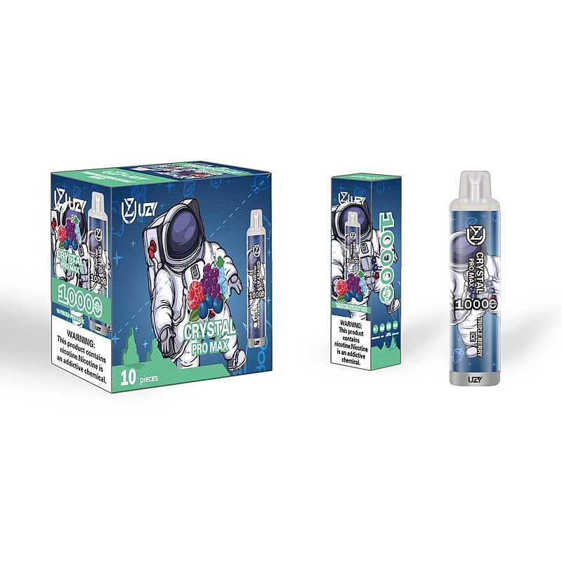 En YJZ Crystal Pro Max engångsvape med förpackning med en astronautdesign som visar blandade bär på en blå och grön bakgrund.