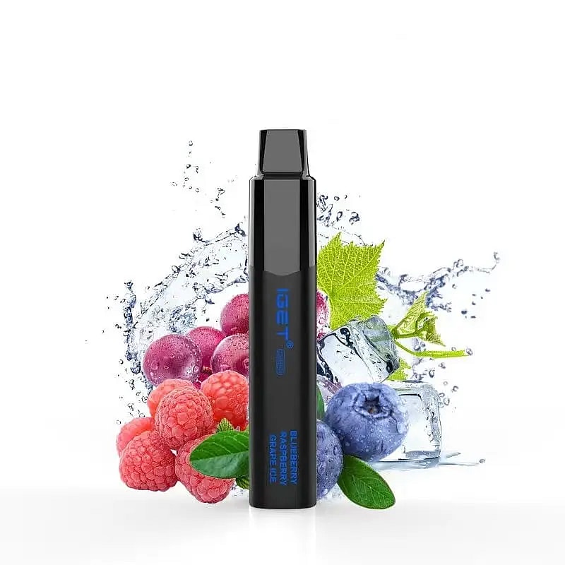 Disposable vape pen with a black body and fruit flavors, including blueberry, raspberry, and grape, shown with water splash and ice cubes in the background.