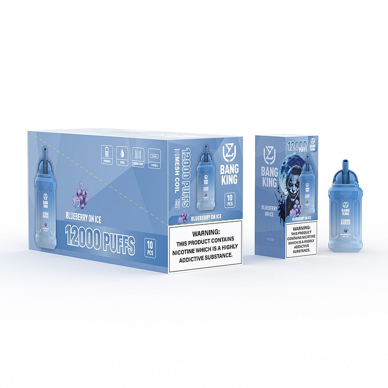 "Bang King disposable vape box and single unit in blueberry on ice flavor, labeled with '12000 puffs' and nicotine warning."