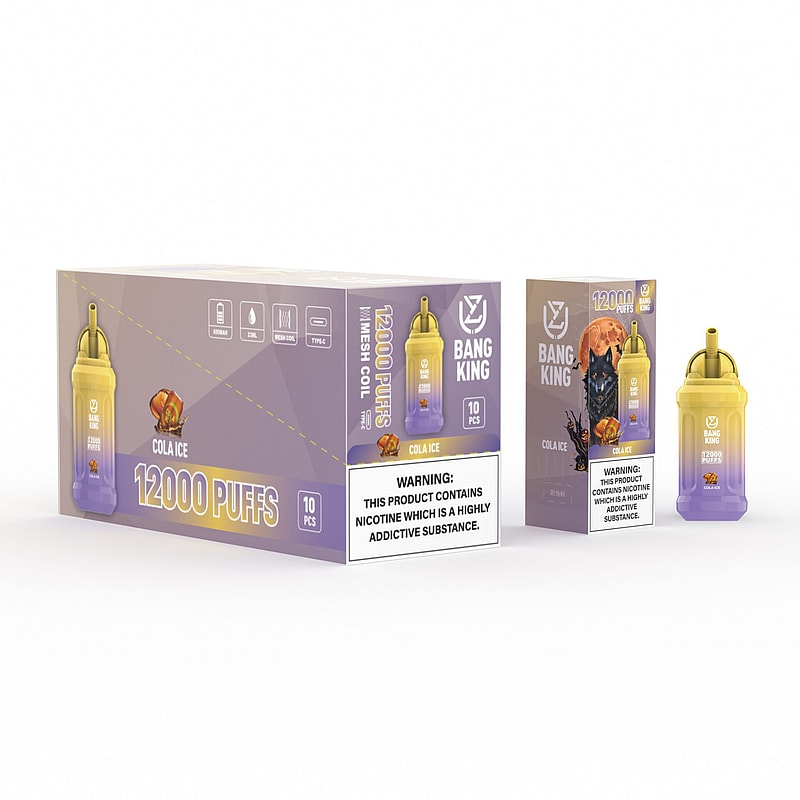 Bang King disposable vape box and single unit in cola ice flavor, featuring 12,000 puffs with a nicotine warning label on the packaging.