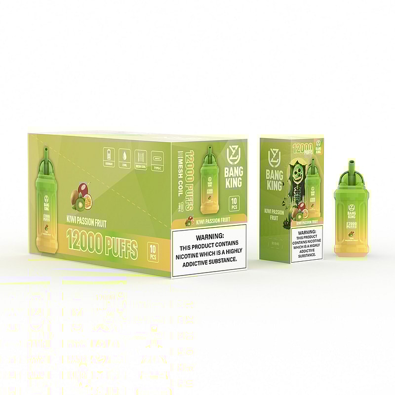 Packaging of a green and yellow "Bang King" vape product with kiwi and passion fruit flavor, labeled "12000 puffs." The box and product display warnings about nicotine being a highly addictive substance.
