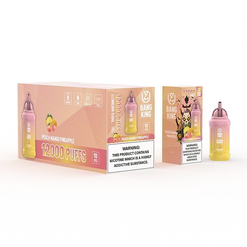 Bang King disposable vape with peach mango pineapple flavor, 12000 puffs, 10 pieces per box, featuring a mesh coil. Warning: Contains nicotine, a highly addictive substance.