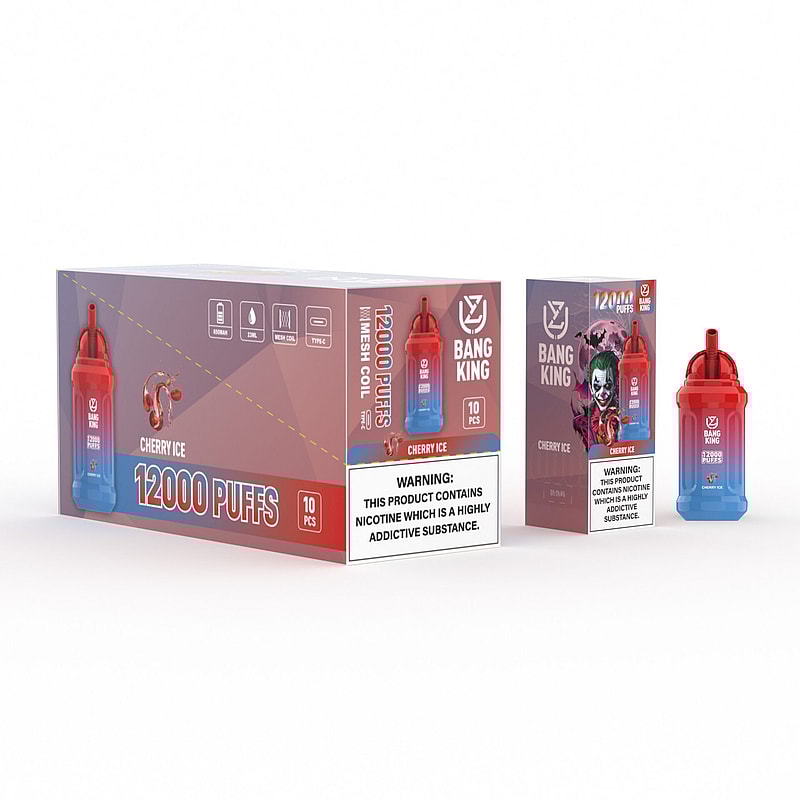 Packaging of a "Bang King" vape product in "Cherry Ice" flavor, showing a box labeled "12000 Puffs," with warnings about nicotine addiction.