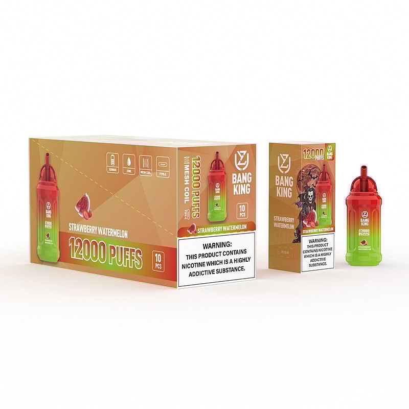 Packaging of Bang King vape products labeled "Strawberry Watermelon" with "12000 puffs" displayed on the box, alongside a visible vape device. Warning labels about nicotine addiction are also present.