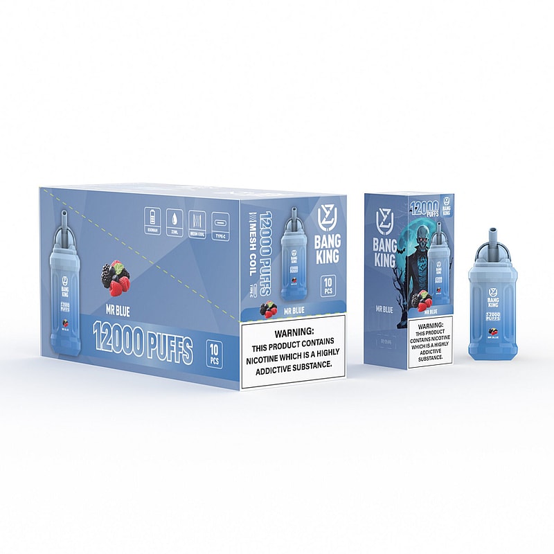 Packaging and product image of Bang King disposable vape, flavor "Mr Blue," featuring a box and a device labeled "12000 puffs" with a nicotine warning.