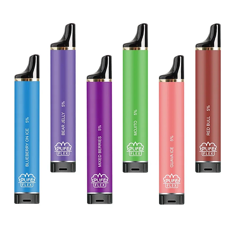 Sei colorate penne da svapo monouso etichettate con diversi gusti: Blueberry On Ice, Bear Jelly, Mixed Berries, Mojito, Guava Ice e Red Bull, ciascuno con nicotina 5%.