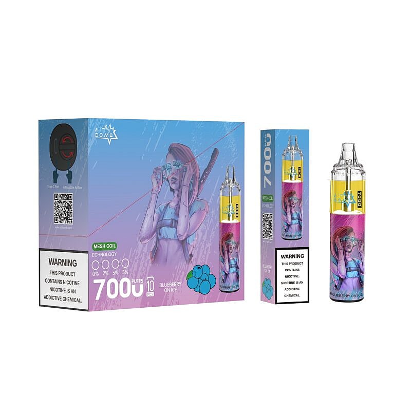Packaging of a disposable vape device featuring a futuristic, stylized illustration of a woman with goggles and a snorkel. The device promises 7000 puffs with blueberry on ice flavor and contains nicotine, as indicated by a warning label.