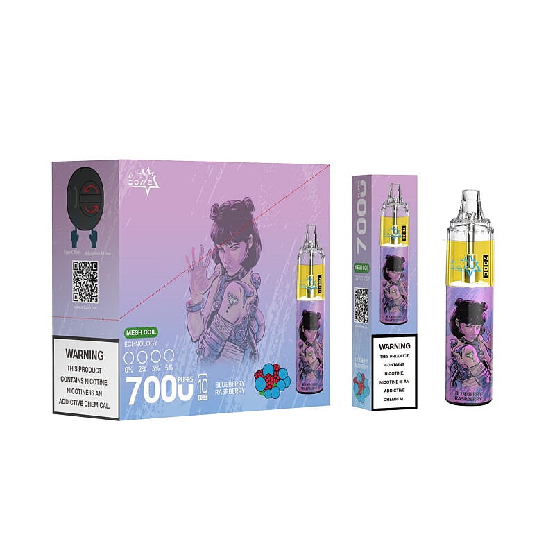 A vape device and its packaging featuring a female character illustration, blueberry raspberry flavor, 7000 puffs, with nicotine warning.