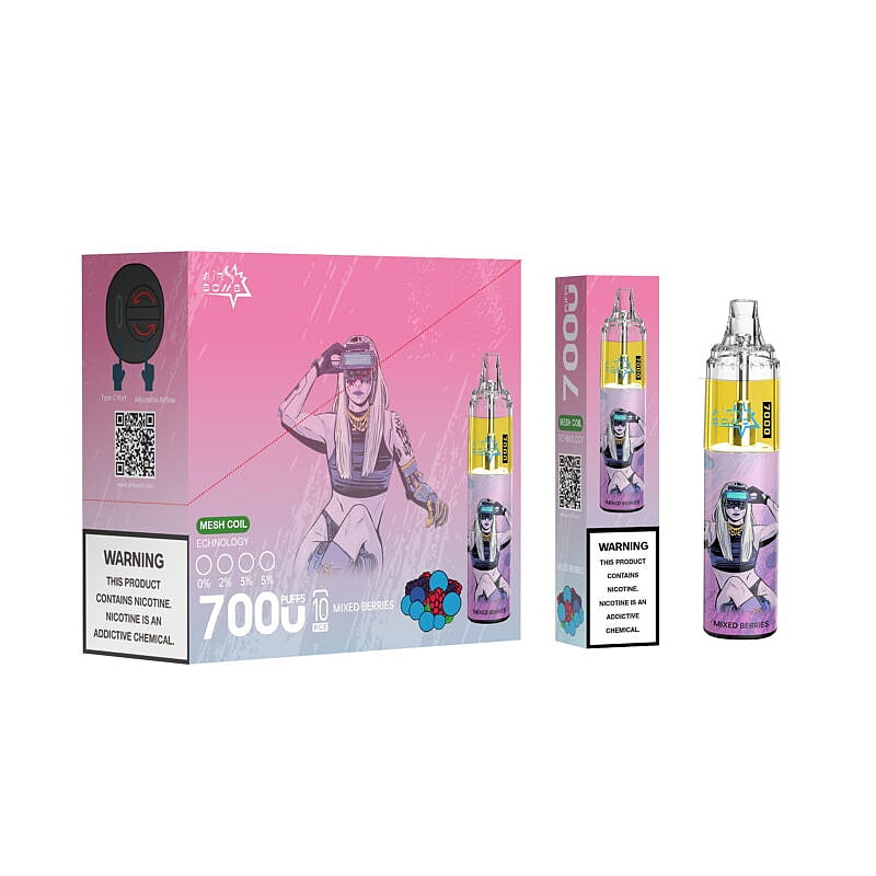 Packaging of a vape device featuring a futuristic female character wearing a visor, with "7000 puffs" and "Mixed Berries" flavor text on the box.