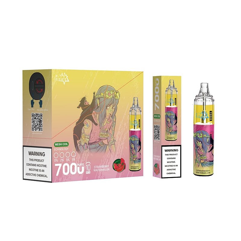 Packaging for a disposable vape device with 7000 puffs featuring a stylized illustration of a woman in goggles and tattoos. The flavor is "Strawberry Watermelon," and there are nicotine warnings on the packaging.