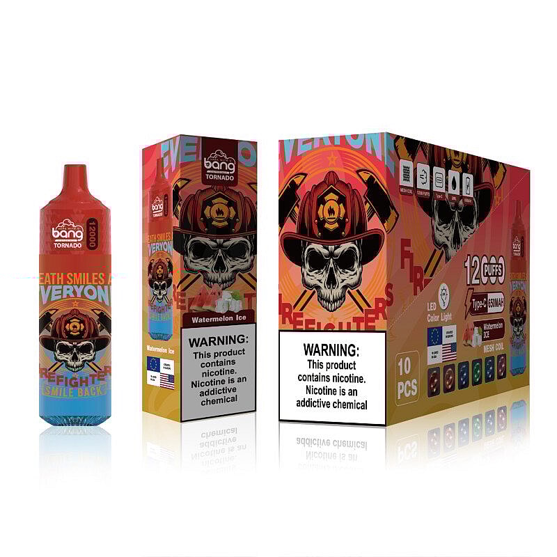 Bang Tornado Watermelon Ice vape device and packaging featuring a skull in a firefighter helmet with prominent warning labels about nicotine content.