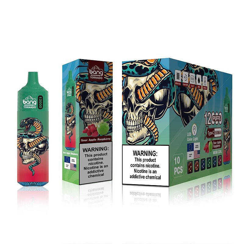 Bang Tornado vape device packaging featuring a skull with a snake design, labeled "Sour Apple Raspberry" and warnings about nicotine content.