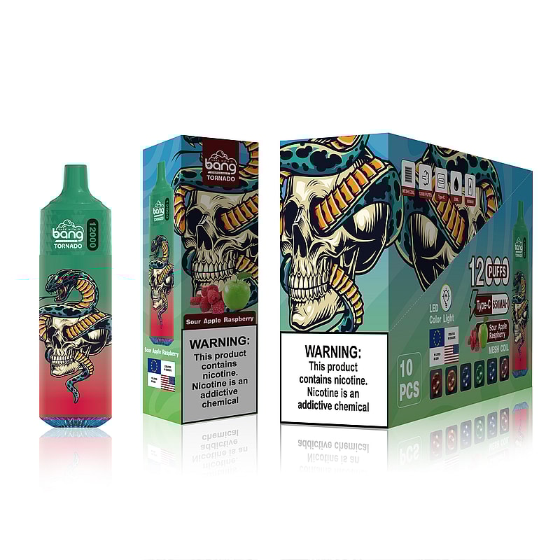 Bang Tornado vape-enhetsförpackning med en dödskalle med en ormdesign, märkt "Sour Apple Raspberry" och varningar om nikotininnehåll.