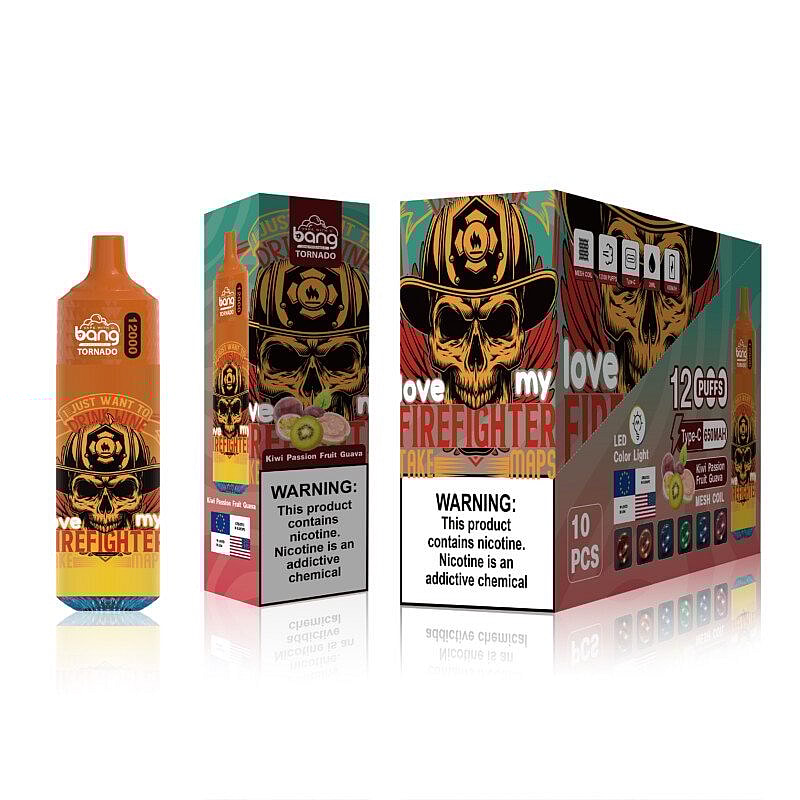 Bang Tornado disposable vape in Kiwi Passion Fruit Guava flavor, featuring 12,000 puffs and a skull-themed firefighter design on the packaging. Includes nicotine warning labels.