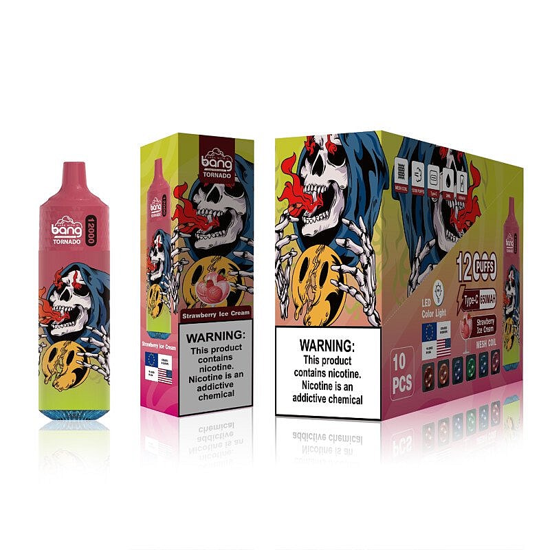 A vape device and packaging with a "Bang Tornado" logo, featuring a grim reaper holding a burning skull, and text warning about nicotine.
