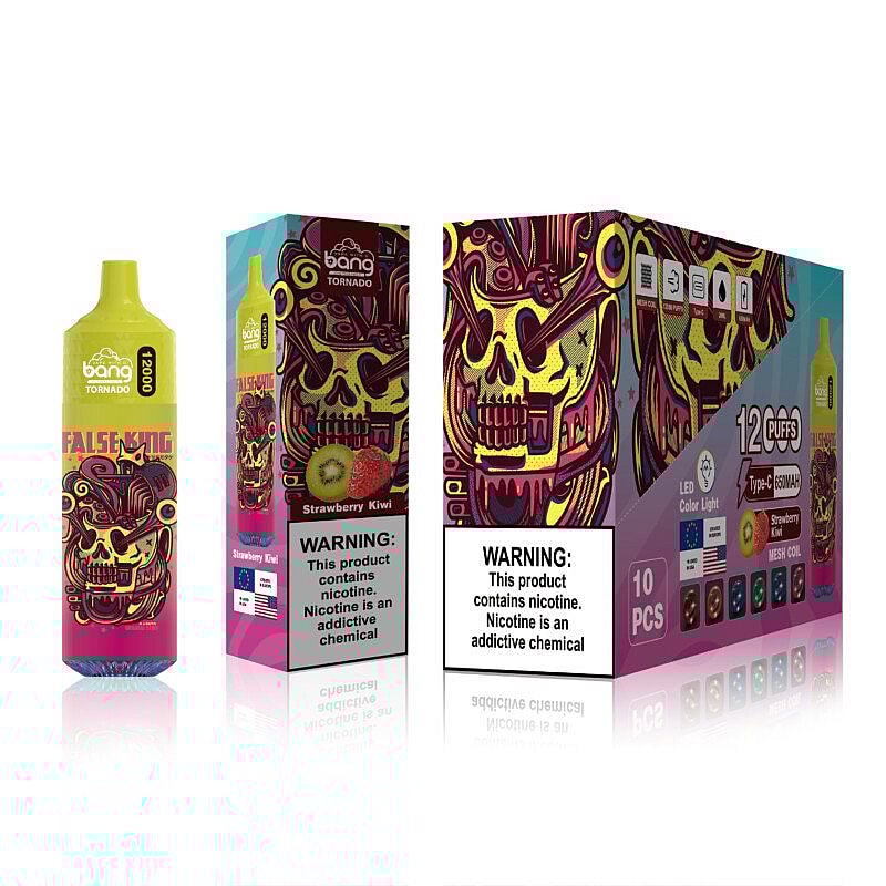 Disposable vape product packaging featuring a vibrant, colorful skull design with "FALSE KING" text, labeled as "Strawberry Kiwi" flavor, and displaying a nicotine warning.