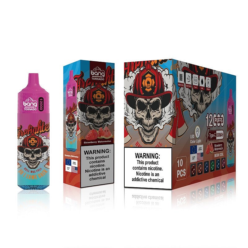 Pink Bang Tornado vape device and packaging featuring a skull wearing a firefighter helmet, with warnings about nicotine content.
