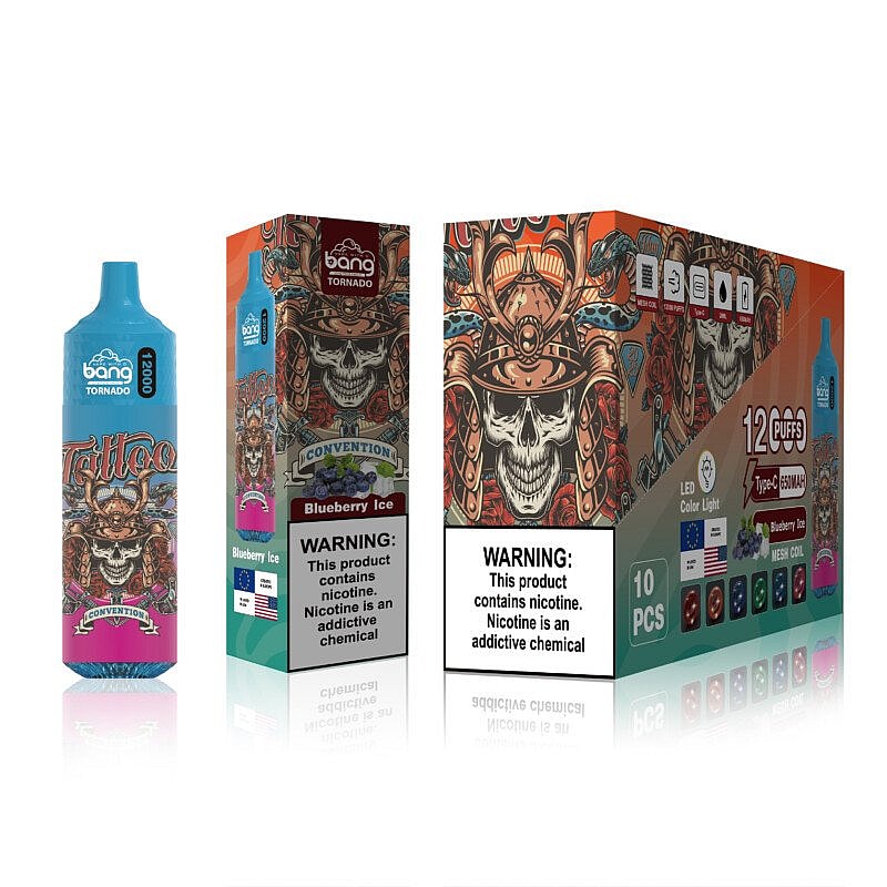 Bang Tornado disposable vape with Blueberry Ice flavor packaging, featuring a skull in samurai armor design, labeled "Tattoo Convention." The packaging includes health warnings about nicotine addiction.