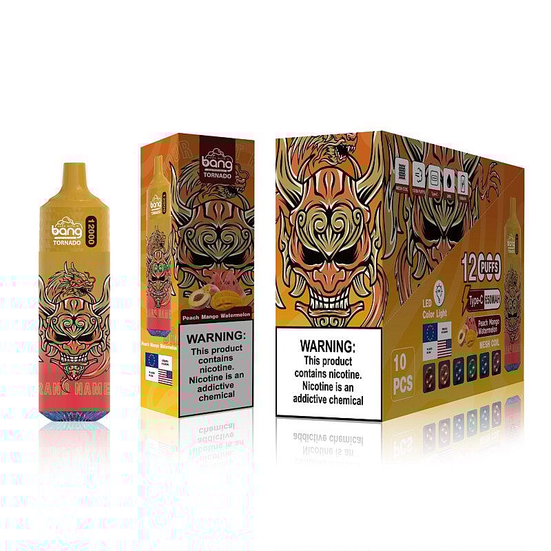 Bang Tornado disposable vape device with a peach mango watermelon flavor, featuring 12,300 puffs and prominent warning labels about nicotine addiction. The packaging displays a colorful, fierce lion design.