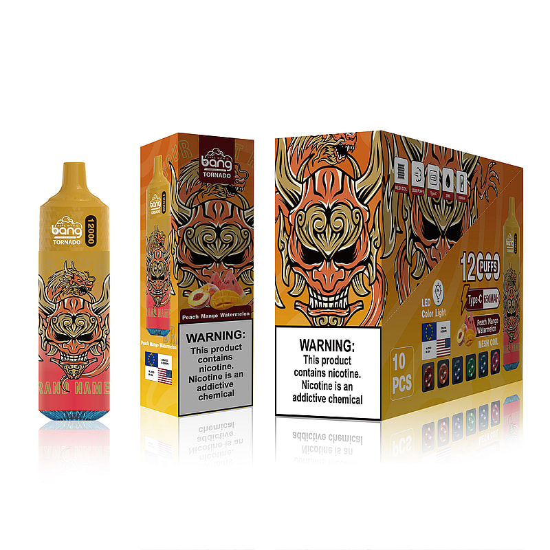 Bang Tornado engångsapparat med en smak av persika mango vattenmelon, med 12 300 puffar och framträdande varningsetiketter om nikotinberoende. Förpackningen har en färgglad, vild lejondesign.