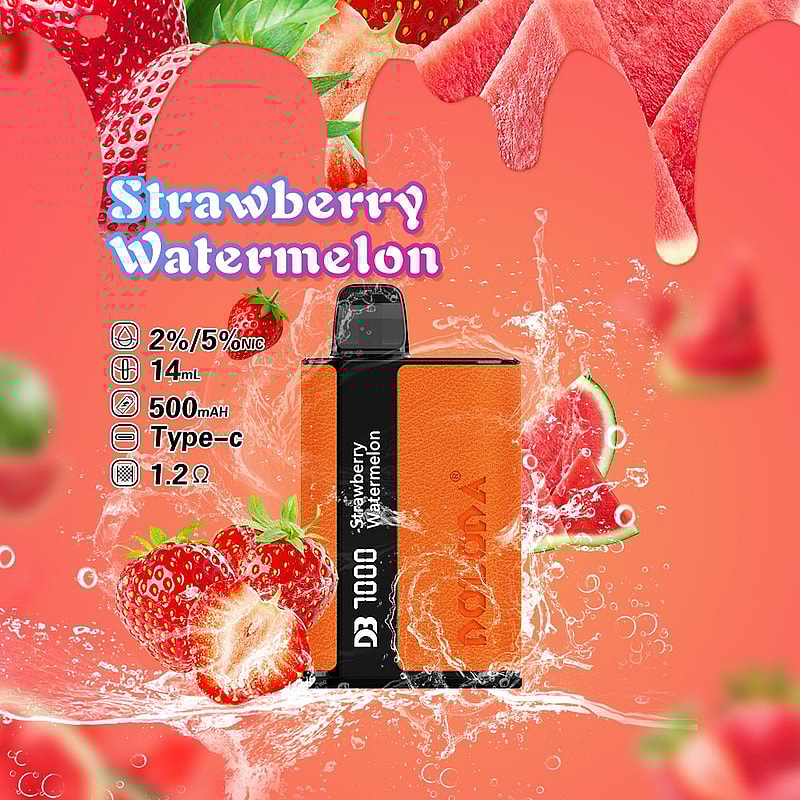 Strawberry Watermelon flavored vape device with 2%/5% nicotine, 14mL capacity, 500mAh battery, Type-C charging, and 1.2Ω resistance.