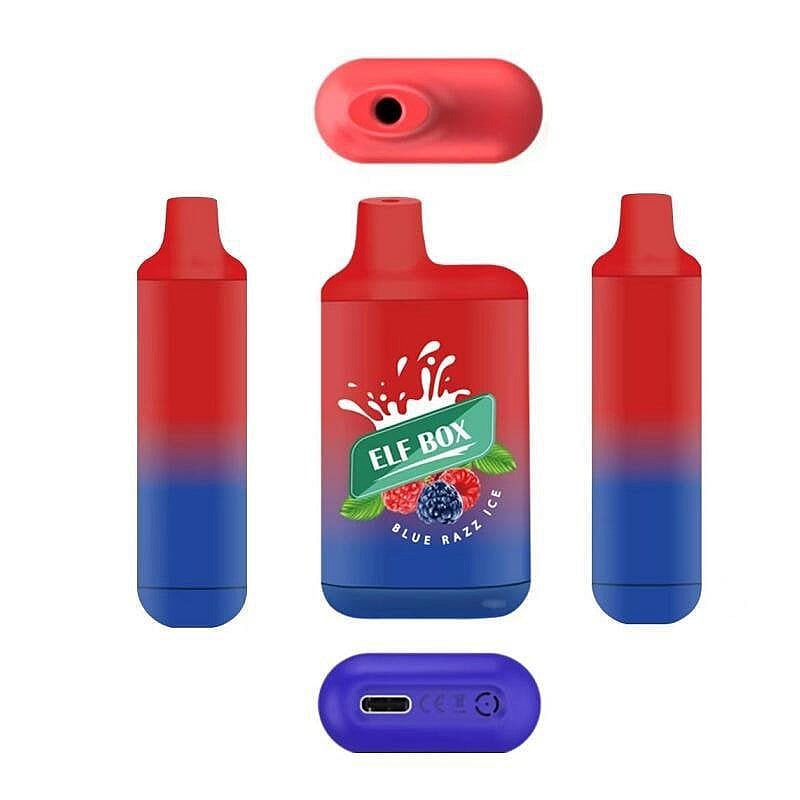 Un dispositif de vape jetable dégradé rouge et bleu étiqueté "ELF BOX Blue Razz Ice" avec un port de charge USB-C sur le fond.