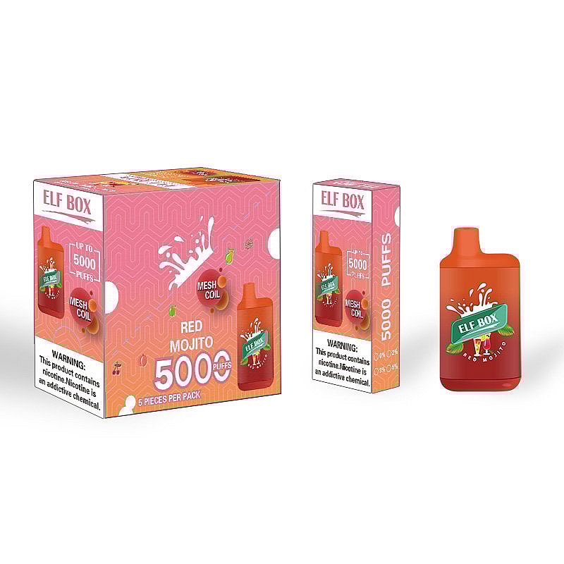 Emballage et dispositif de vaporisation jetable Elf Box en rouge, étiqueté "Red Mojito" avec 5000 bouffées, 5 pièces par paquet, et texte d'avertissement sur la nicotine.