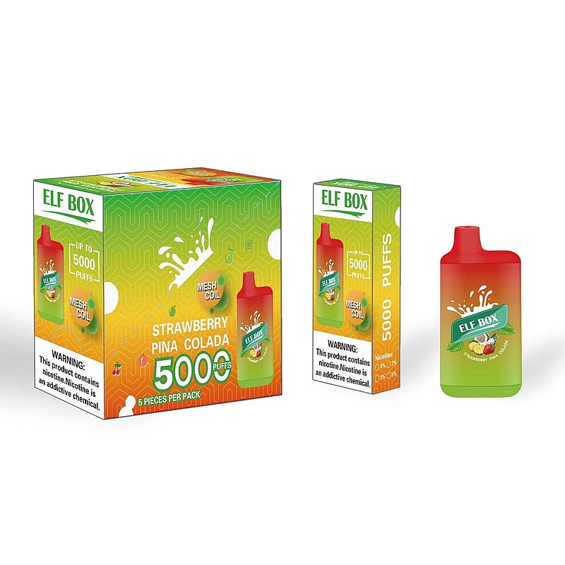 Emballage et dispositif de vapotage étiqueté "ELF BOX" avec l'arôme "Strawberry Pina Colada", annonçant 5000 bouffées. L'emballage comporte un avertissement relatif à la nicotine.