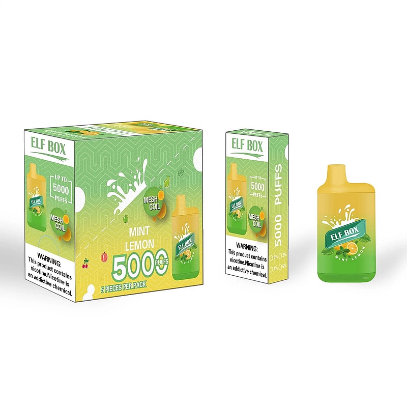 Boîte à vape jetable aromatisée au citron menthe et dispositif de vape avec étiquette "5000 bouffées" et avertissement sur la nicotine.