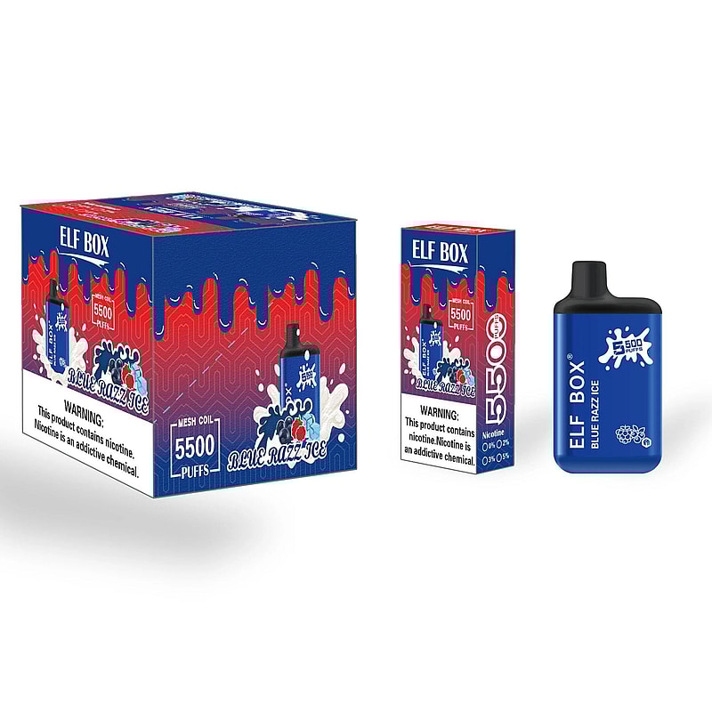 Elf Box vape packaging with a "Blue Razz Ice" flavor, featuring a 5500 puffs capacity and a nicotine warning label.