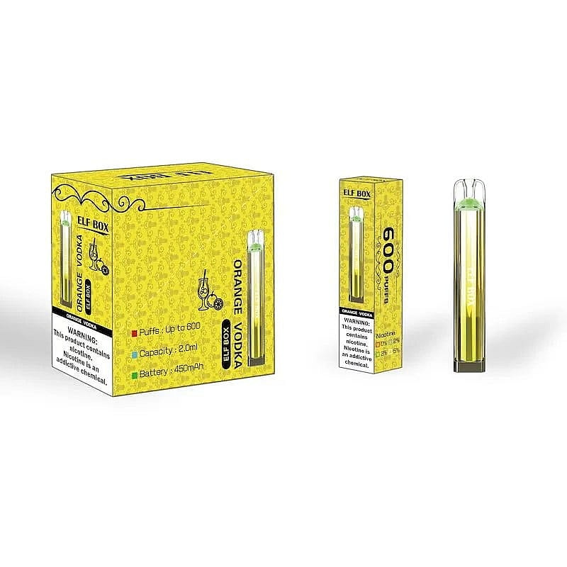 Verpackung und Einweg-Vapegerät mit der Bezeichnung "Orange Vodka", mit einem Fassungsvermögen von 2,0 ml, 450 mAh Akku und bis zu 600 Zügen.