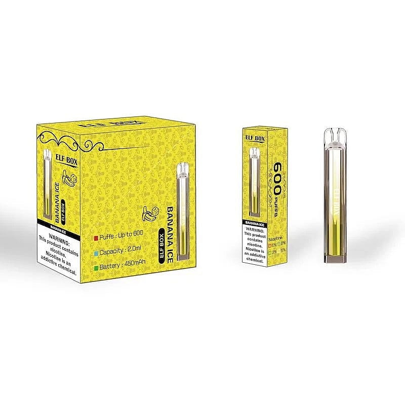 Gelbe Verpackung und ein Einweg-Vape-Pen mit "Banana Ice"-Geschmack, der als "Elf Box" bezeichnet wird und bis zu 600 Züge, 2,0 ml Fassungsvermögen und einen 450-mAh-Akku bietet.